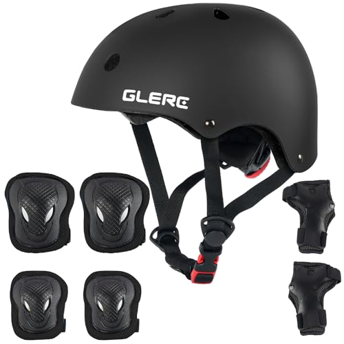 Glerc Kinder Helm rotective Gear Set, Knie Ellenbogen Handgelenk Pads für Alter 3-8 Jahre alt Jungen Mädchen, Schutzausrüstung einstellbar Set für Skateboard Roller Radfahren Skaten, S, Schwarz von Glerc