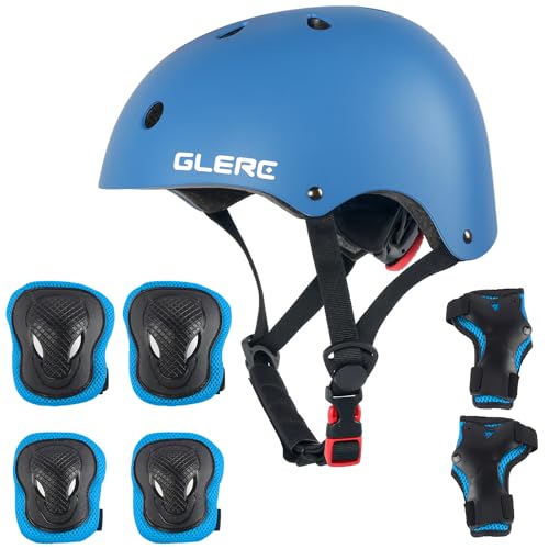 Glerc Kinder Helm rotective Gear Set, Knie Ellenbogen Handgelenk Pads für Alter 3-8 Jahre alt Jungen Mädchen, Schutzausrüstung einstellbar Set für Skateboard Roller Radfahren Skaten, S,Blau von Glerc