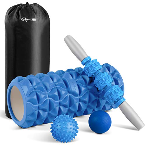 Glymnis Faszienrolle Set Foam Roller 4 in 1 Faszien Set mit Schaumstoffrolle Massageroller Massagebälle für Faszientraining Yoga Sport Fitness Pilates (Blau) von Glymnis