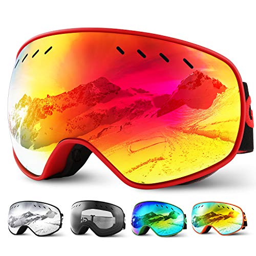 Glymnis Skibrille Snowboard Brille Schneebrille Doppel-Objektiv Schutzbrillen UV-Schutz Anti-Nebel Winddicht für Skifahren Skaten Damen und Herren Jungen und Mädchen mit Reißverschlussbox Rot von Glymnis