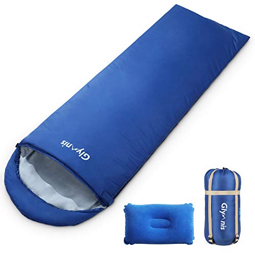 Glymnis Schlafsack Deckenschlafsack Ultraleicht klein warm Sommerschlafsack 210x75 cm für Outdoor Camping Kapuze Wandern mit aufblasbarem Kopfkissen und Kompressionsbeutel (Blau) von Glymnis