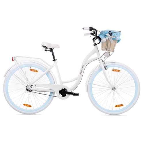 Goetze Style 28 Zoll Damen Citybike, 18 Zoll Aluminiumrahmen, Tiefeinsteiger, 3-Gang Nabenschaltung, Rücktrittbremse, LED-Beleuchtung, Gepäckträger, Komfortsattel, Rattankorb mit Stoffeinsatz! von Goetze