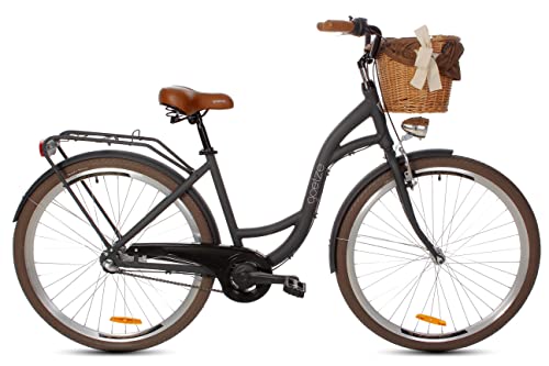 Goetze Style Alu Vintage Retro Citybike Damenfahrrad Hollandrad, 28 Zoll Räder, 3 Gange, Tiefeinsteiger, Rücktrittbremsen, Korb mit Polsterung Gratis! von Goetze