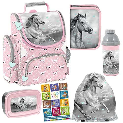 Goldkids 6er Set Schulranzen Ranzen Tornister Schulrucksack Federmappe Turnbeutel Turnsack Brotdose Trinkflasche Aufgabenheft Pferd Horse Motiv ab 1 Klasse von Goldkids