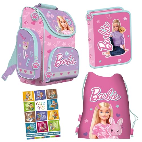 Goldkids - Schulranzen für Mädchen, 4er-Set - Schul-Rucksack für Kinder mit Federmäppchen - Schuhbeutel und Hausaufgabenheft - Barbie Motiv - 1-3 Klasse von Goldkids
