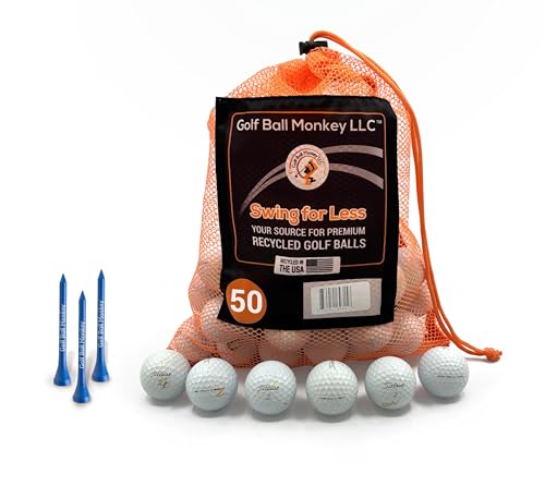 Golf Ball Monkey Recycelt für Titleist ProV1 & Pro V1x weiße Golfbälle – 50 GoodCondition Pro V 1 x gebrauchte Pro V1 Golfbälle & Pro V 1 x Golfbälle mit 15 Tees und Netztasche von Golf Ball Monkey