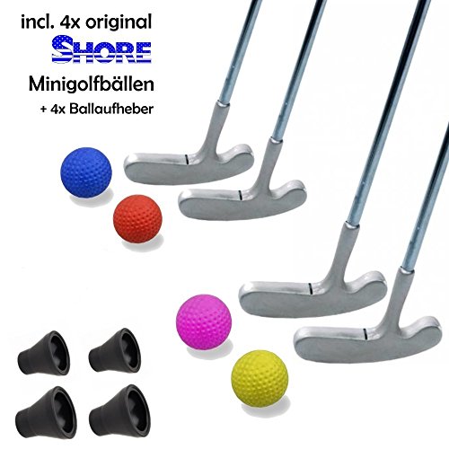Minigolfset FAMILY XL - 12-teilig (mit 4x original SHORE Minigolfball-Anlagenball) und 4x Minigolf-Pick-Up von Golfas