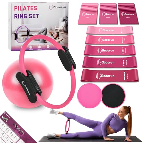 Goocrun Pilates Ring Set Exercise Equipment with Exercise Bands Resistance Bands Set, Pilates Ball, Sliding Disks – Workout Equipment Home Gym Includes Complete Fitness Poster (Rosa) von Goocrun