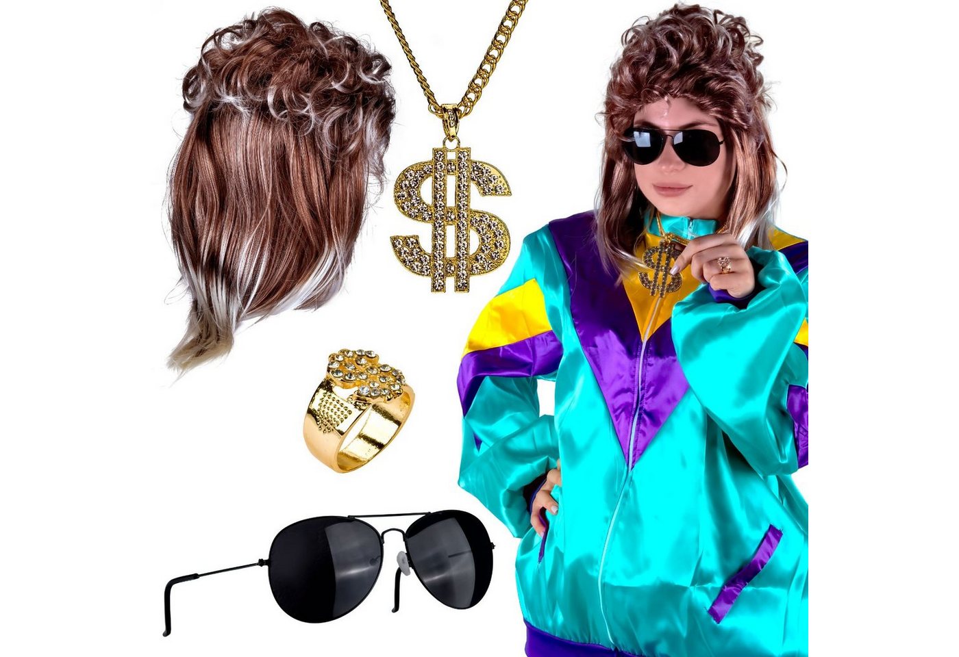 Goods+Gadgets Kostüm 80er Outfit Vokuhila Komplett-Set, mit Proll Trainingsanzug, Perücke, Ring Goldkette und Sonnenbrille von Goods+Gadgets