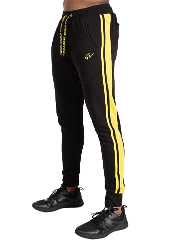 Gorilla Wear Banks Pants - Schwarz/Gelb zum Sport Freizeit Arbeit Outdoor Alltag Baumwolle Polyester mit Logo Bequem Streifen auf den Beinen Workout Bekleidung Joggen Laufen, XL von Gorilla Wear