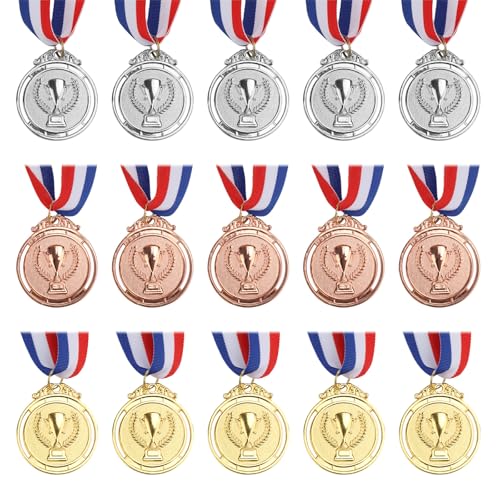 15 Stück Gold Silber und Bronze Medaillen, 5cm Metall Siegermedaillen für Kinder Preise im Olympischen Stil für Kinder Schulsportspiele Partygeschenke von Gosknor
