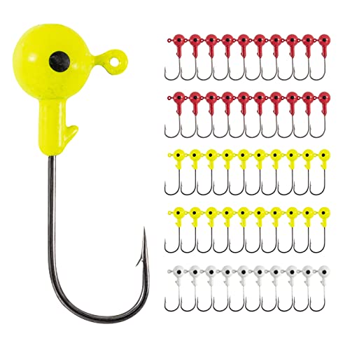 Goture 50 Stück Jighaken Angelhaken 7g, Runde Jigköpfe mit 3D-Augen Bemalt Hochkarbonstahl Jigköpfe Bass Köder Jigkopf Haken Salzwasser Süßwasser Jigkopf Set für Crappie Bass Zander Striper von Goture