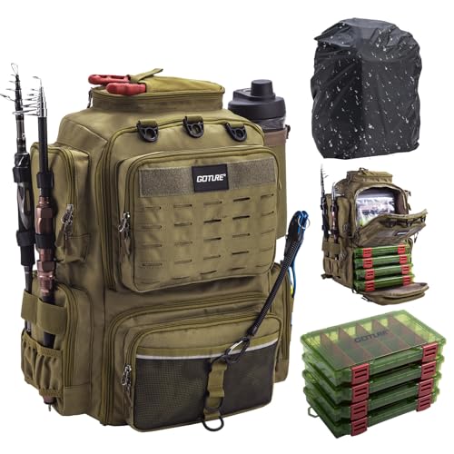 Goture Angelausrüstungs-Rucksack mit Rutenhaltern, 4 Angelboxen, 8 Ködertaschen, 45 l, 600D, große Angeltasche mit Regenschutz, A2: Khaki-Angelrucksack mit 4 Angelboxen, Khaki von Goture