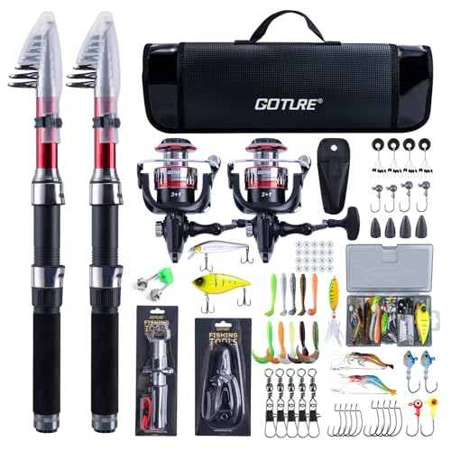 Goture Angelset mit 2 Teleskop-Angelruten,1,8m Angelrute Set Komplett 2 5.2:1 Spinnrolle, Schnur, Köderbox & Tragetasche – für Salz-/Süßwasser, Reisen–Angelgeschenk von Goture