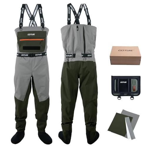 Goture Wathose Herren wasserdichte mit Fünf Lagen, Verbessertes atmungsaktives Gewebe, wasserdichte Wathose zum Angeln mit wasserdichter Tasche, Jagd, Leichte Wathose mit Handwärmfunktion von Goture