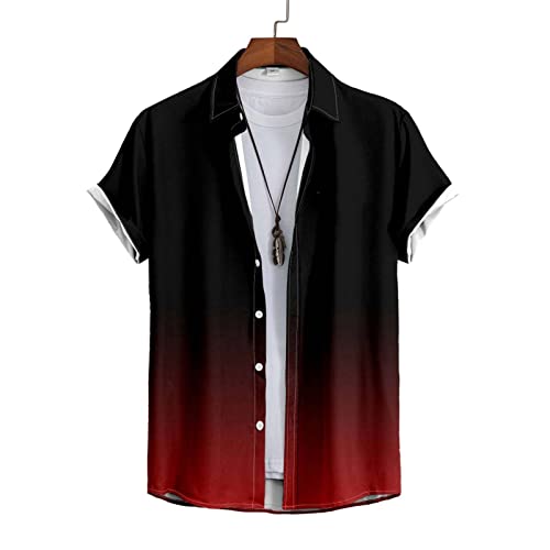 Gouekst Herren Hawaiian Cardigan Kurzarmhemd - Schwarz Rot Farbverlauf Sommer Aloha Shirt Großes Revers Button-Down Top Bluse Für Herren Urlaubskleidung,Schwarz,4X,Large von Gouekst