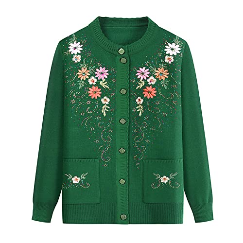 Strickpullover Der Mutter Strickjacke - Gestickte Blumen Alte Dame Warmer Pullover Herbst Winter Frauen Mittleren Alters Und Ältere Mantel 60-Jährige Oma Top Kleidung, Grün, 3X, Groß von Gouekst