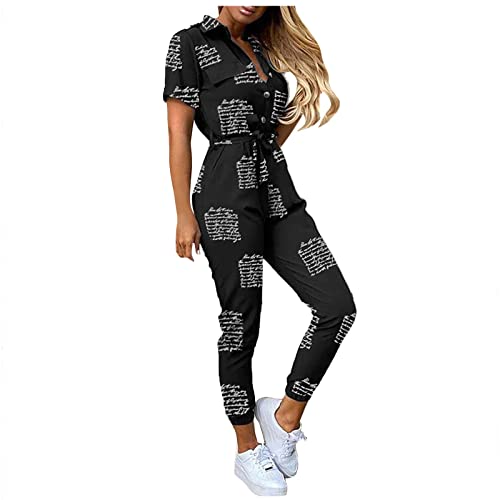 Graceyo Cargo Jumpsuit Damen mit Gürtel Lang Sommer Elegant Jumpsuits Frauen Onesie Overall Bodycon Romper mit Kragen Kuschelig Dünn Casual Playsuit Kurzarm Einfarbig Hosenanzug von Graceyo