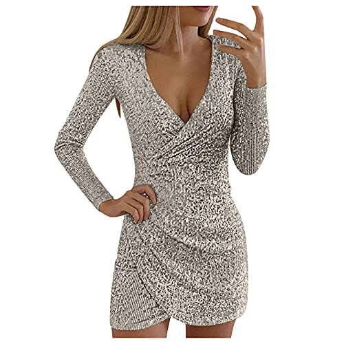 Graceyo Pailletten Kleider Knielang, Damen Kurz Glitzerkleid Langarm V-Ausschnitt Glänzende Kleider Sexy Partykleid Cocktailkleid Bodycon Enges Party Minikleid Wickelkleid Festkleid, Silber, L von Graceyo