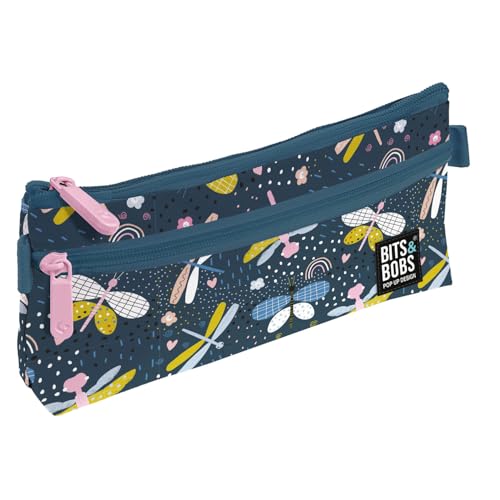 Grafoplás Flaches Federmäppchen für die Schule, Kollektion Dragon Fly, Bits & Bobs Pop Up Design, 2 Taschen, 23 x 10 cm, Fächer mit Reißverschluss, leicht zu öffnende Griffe, Schulmaterial, blau von Grafoplás