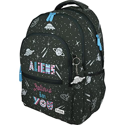 Grafoplás | Schulrucksack mit drei Fächern | 33 x 46 x 22,5 cm | gepolsterter Bereich für Laptop | Modell Roomy | Design Aliens | Elena Corredoira, Schwarz, 33x46x22,5cm, schule von Grafoplás