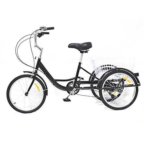 GramStudio 20 Zoll Dreirad Für Erwachsene, 8-Gang 3 Räder Fahrrad Senioren Shopping Cargo Trike mit Einkaufskorb, Höhenverstellbar, Schwarz von GramStudio