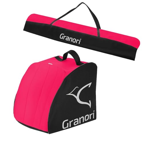 Granori Skitasche/Skisack + Skischuhtasche Kombi-Set mit Wasserablauflöcher für 1 Paar Skischuhe & Skier 160/170 / 180 cm (Neonrot-Schwarz, 160 cm) von Granori