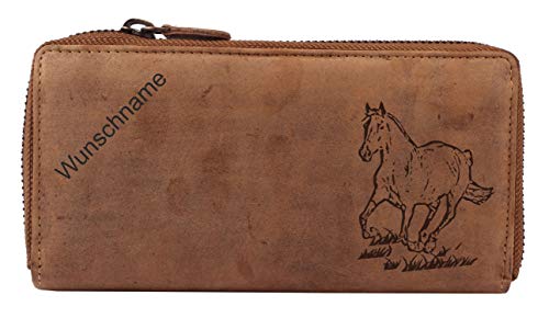 Greenburry Vintage Leder Damen Geldbörse Brieftasche Pferde Motiv inkl. Wunschname Braun 19x10x2,5cm von Greenburry