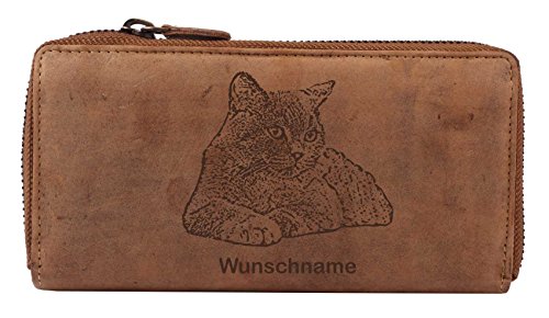 Greenburry Grosse Damen-Geldbörse mit Katze I Leder Geldbeutel Katzenmotiv l Wunschname 19x2,5x10cm Damenbörse von Greenburry