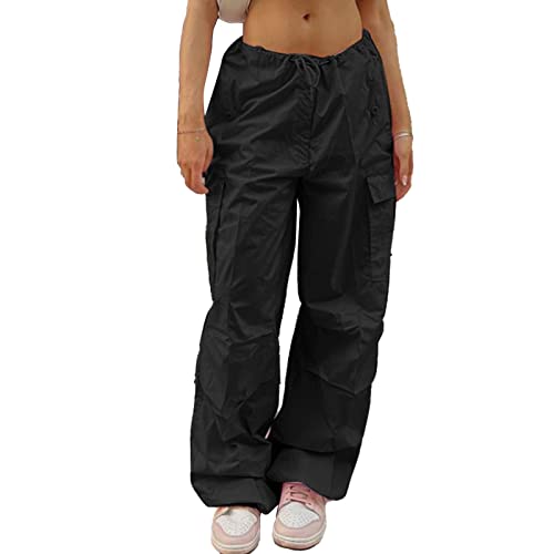 Damen Cargohose High Waist Hose mit Kordelzug & Zwei Arbeitsfächer Damen Lose Hosen Breite Bein Jogginghose Freizeithose Oversize Jogginghose Teenager Mädchen(S-Schwarz) von Greensen