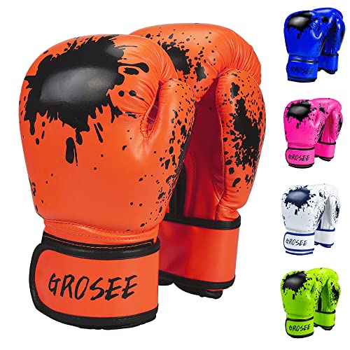 Kinder-Boxhandschuh, 170 g, 227 g, für Jungen und Mädchen, Training, Sparring-Handschuhe für Boxsack, Kickboxen, Muay Thai, MMA, UFC, Geschenk für Alter 6–15 Jahre (Orange, 227 g (36–47 kg) von Grosee