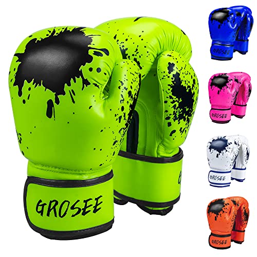 Kinder-Boxhandschuh, 170 g, 227 g, für Jungen und Mädchen, Training, Sparring-Handschuhe für Boxsack, Kickboxen, Muay Thai, MMA, UFC, Geschenk für Alter 6–15 Jahre (grün, 227 g (36–47,6 kg)) von Grosee