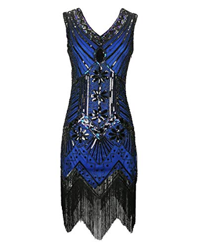 1920er Jahre Flapper Gatsby Pailletten Fransen V-Ausschnitt langes Kleid Blau Womens Girls 20er Jahre Stil ausgefallene Perlen Kostüm Größe 36/38 (Blau, EU 36-38) von Grouptap