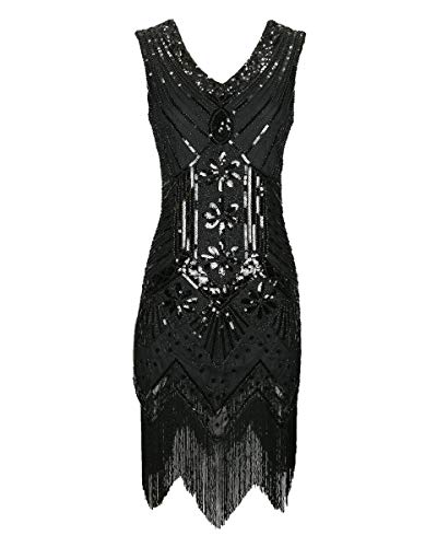 1920er Jahre Flapper Gatsby Pailletten Fransen V-Ausschnitt langes Kleid Schwarz Womens Girls 20er Jahre Stil ausgefallene Perlen Kostüm Größe 32/34 (Schwarz, EU 32-34) von Grouptap