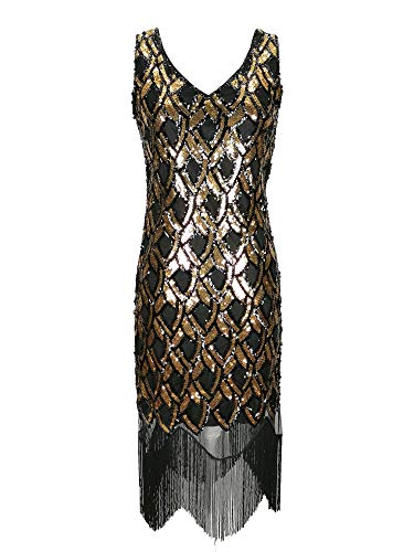 1920er Jahre Gold schwarz Flapper Gatsby Phantasie Fransen Womens langes Kleid Damen Größe 1920 Pailletten Vintage Art Deco Arty Kostüm (Schwarz Gold, EU 38) von Grouptap