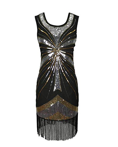 1920er Jahre große Gatsby Flappers Stil Pailletten Quaste Frauen Charleston Tanzkleid Downton Damen 20er Jahre Kostüm Silber Schwarz Größe 32/34 (Silber, EU 32-34) von Grouptap