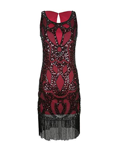 Grouptap 1920er Jahre Flapper Gatsby Abend Tanzkleid Rot schwarz Phantasie Frauen Mädchen 20er Jahre Pailletten Quaste Vintage-Mode Größe 42 (Rot, EU 42) von Grouptap