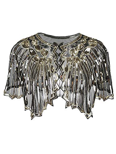 Grouptap 1920er Jahre Gatsby Schal Bolero Pailletten Cape Achselzucken Wrap für goldene Frauen Damen Flapper Art Deco Vintage Kleid Kostüm (Gold, Einheitsgröße) von Grouptap