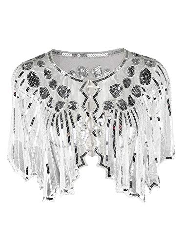 Grouptap 1920er Jahre Gatsby Schal Bolero Pailletten Cape Achselzucken Wrap für weiße Frauen Damen Flapper Art Deco Vintage Kleid Kostüm (Weiß, Einheitsgröße) von Grouptap