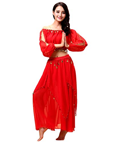 Grouptap Arabian Womens Bauchtänzerin Langarm indische Bollywood Kostüm Set Outfit rot Slit Top Hosen Damen Mädchen tanzen (Rot, 150-170 cm) von Grouptap