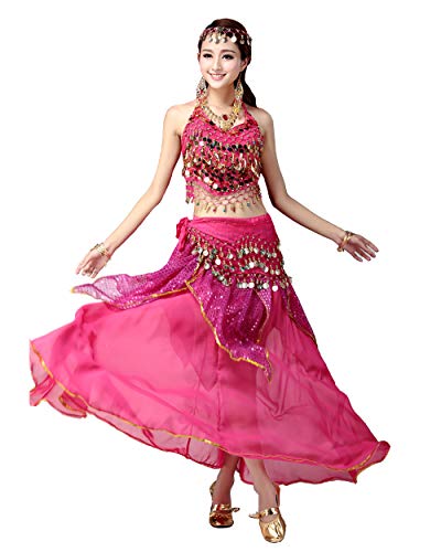 Grouptap Bollywood Frauen Indien arabische sexy Dame Bauchtänzerin Pailletten Langen Rock Kleid Party Kostüm Rosa Phantasie Erwachsenen Outfit (Rosa, 155-175cm Höhe) von Grouptap