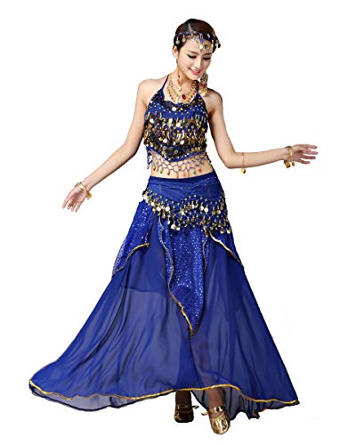 Grouptap Bollywood Frauen Indien arabische sexy Dame Bauchtänzerin Pailletten Langen Rock Kleid Party Kostüm blau Phantasie Erwachsenen Outfit (Blau, 155-175cm Höhe) von Grouptap