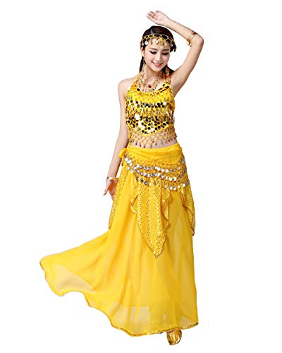 Grouptap Bollywood Frauen Indien arabische sexy Dame Bauchtänzerin Pailletten Langen Rock Kleid Party Kostüm gelb Phantasie Erwachsenen Outfit (Gelb, 155-175cm Höhe) von Grouptap