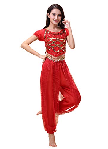 Grouptap Bollywood Inder Plus Größe Bharatanatyam Bauchtanz Frauen Mädchen Zweiteilige Kostüm Kleid rot Kuchipudi Outfit Set (Rot, 170-180 cm, 60-90 kg) von Grouptap