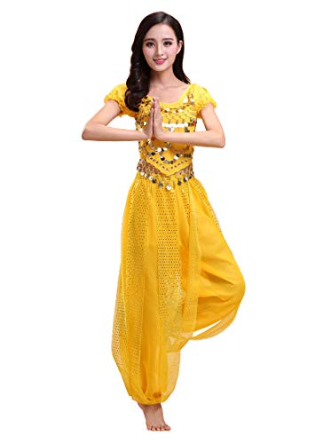 Grouptap Bollywood Indian Bharatanatyam Bauchtanz gelb 2-teiliges Kostüm Outfit für Damen Mädchen Erwachsene Tänzerin (150-170cm, 30-60kg) (Gelb) von Grouptap