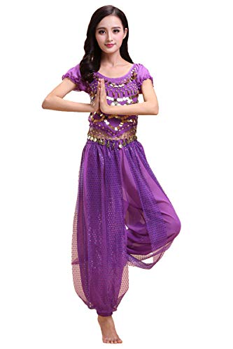 Grouptap Bollywood Indian Princess Theme Bauchtanz 2-teiliges Kostüm Set Outfit für Frauen Mädchen mit Oberteil und Hose (150-170cm, 30-60kg) (Violett) von Grouptap