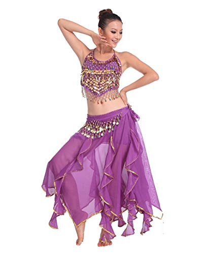 Grouptap Bollywood Violett lila asiatischen indischen arabischen Jasmin Bauchtanz Kleid Kostüm 2-teilige Neckholder Top Rock Phantasie sexy Frauen Outfit (Violett, 150-175 cm, 40-70 kg) von Grouptap
