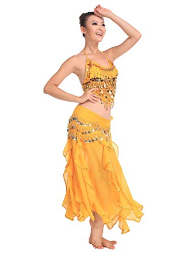 Grouptap Bollywood gelb asiatisch indisch arabisch Jasmin Bauchtanz Kleid Kostüm 2-teilig Neckholder Top Rock Phantasie sexy Frauen Outfit (Gelb, 150-175 cm, 40-70 kg) von Grouptap