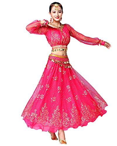 Grouptap Bollywood indische Frauen Langarm Anarkali Lehenga Choli Saree Kleid Rosa arabische Prinzessin Bauchtanz Rock Outfits Kostüm (Rosa, 150-170 cm, 45-70 kg) von Grouptap