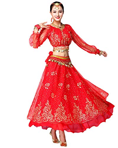Grouptap Bollywood indische Frauen Langarm Anarkali Lehenga Choli Saree Kleid Rot arabische Prinzessin Bauchtanz Rock Outfits Kostüm (Rot, 150-170 cm, 45-70 kg) von Grouptap